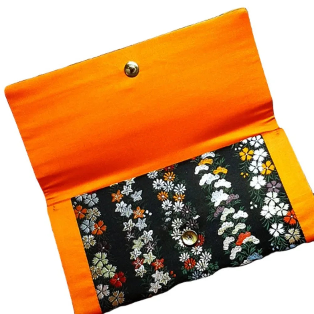 1960s Vintage Orange And Black Fabric Clutch Bag With Oriental Look Designs